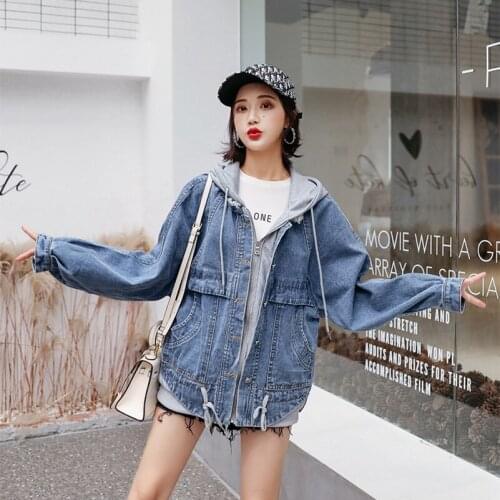 2021 Fashion The New Loose Fake Two Pieces Splice Hooded Denim Jacket Free Shipping