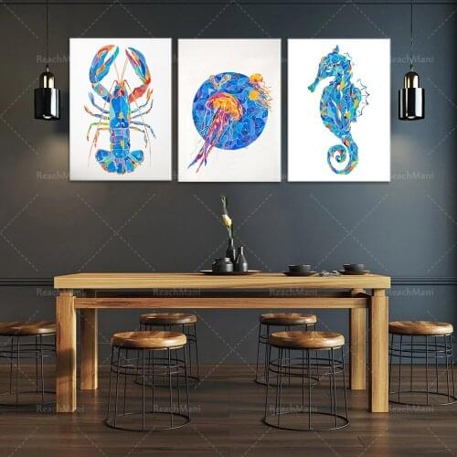 Nautical wall poster, marine animal illustrations, jellyfish, tortoise, seahorse and lobster decoration, blue wall decoration, m