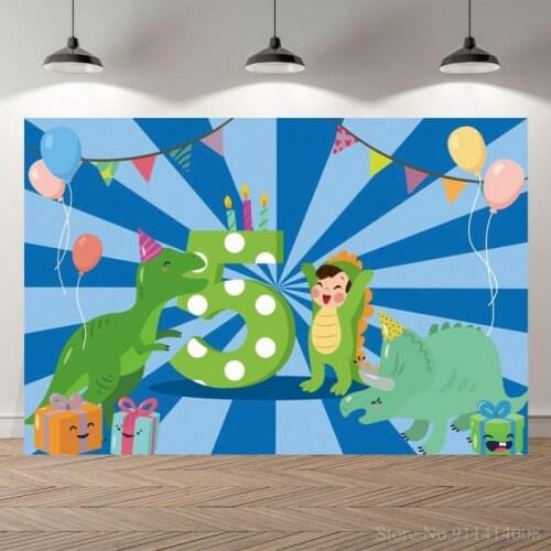 Cartoon Dinosaure Baby 5th Birthday Backdrops Gift Boxes Balloon Decoration Cake Dinner Table Photo Backgrounds