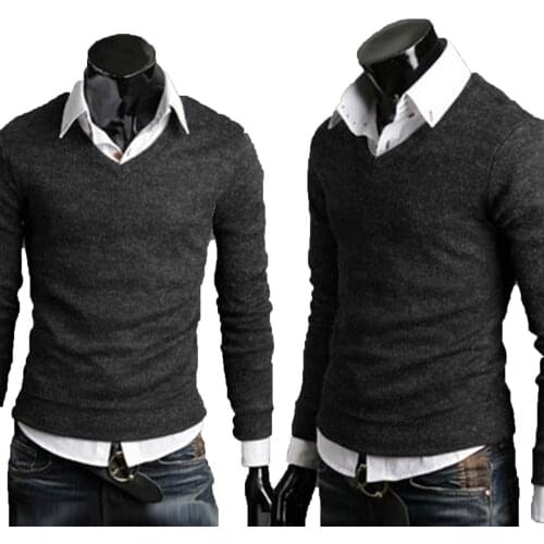 Cofekate Mens Shirts Sweater Men Winter Solid V Neck Knitted Jumper Pullover Sweater Long Sleeve Tops Knitwear Pullovers