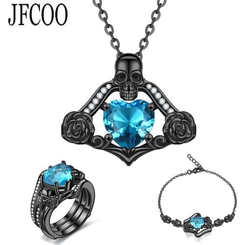 Retro Wedding Skull Set Statement Crystal Necklace Bracelet ring Sets Personality Punk Style Jewellery