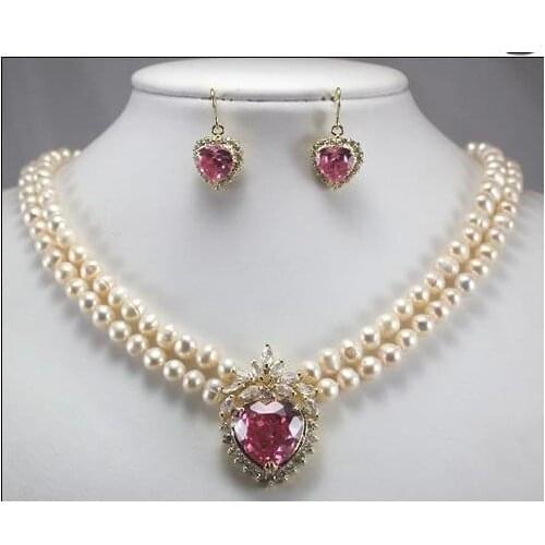 New Arriver Pearl Jewellery Set,White Color Genuine Freshwater Pearls Pink Crystal Pendant Necklace Earrings,Fashion Women Gift