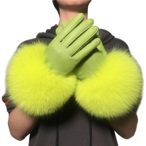 Wholesale Fox Fur Gloves Winter Female Luxury Style Warm Sheepskin Genuine Leather Gloves Driving Thickening Mitten