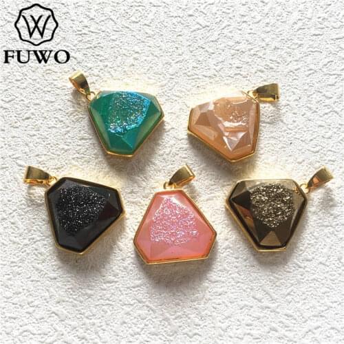 FUWO Natural Titanium Triangle Druzy Connector Pendant With Gold Trimmed High Quality Brass Bezel Quartz For Jewelry Make PD241