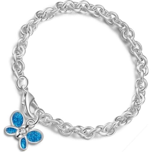 Silver Plated Link Chain Butterfly Shape Blue Opalite Opal Bracelet Insect Fashion Jewelry