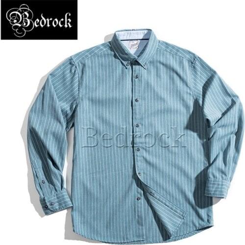 Bedrock Retro brushed blue pinstripe shirt Hong Kong style point button lapel thin business slim casual shirt for men