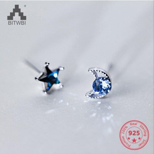 Hot Real S925 Sterling Silver Fashion Creative Simple Dark Blue Moon Star Flower Square Zircon Stud Earring