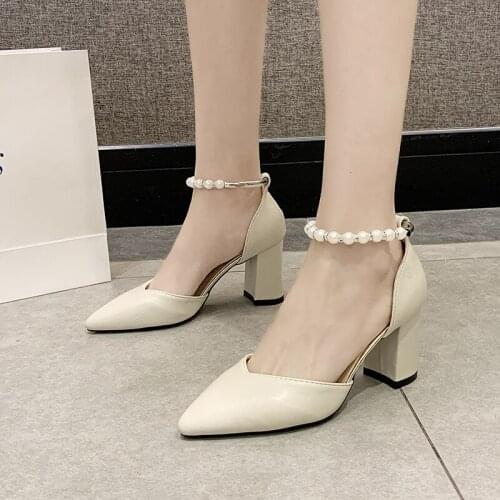 Spring Womens Heel Shoes Solid color shiny comfortable square heel ankle pearl buckle elegant banquet dating women shoes U22-68