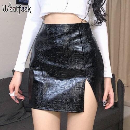 Waatfaak High Waist PU Faux Leather Skirt Women Bodycon Split Animal Crocodile Print Elegant Black Goth Skirt Mini Sexy Korean