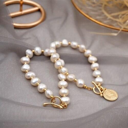 Minar Delicate Irregular Genuine Pearl Beaded Bracelets for Women Girls OT Clasp Metal Coin Pendant Charm Bracelets Accessories