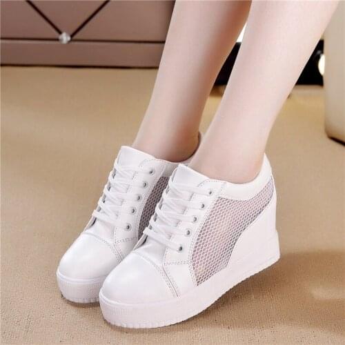 2019Hot Women Wedge Platform Rubber Brogue Leather Lace Up High heel Shoes Pointed Toe Increasing Creepers White Silver Sneakers