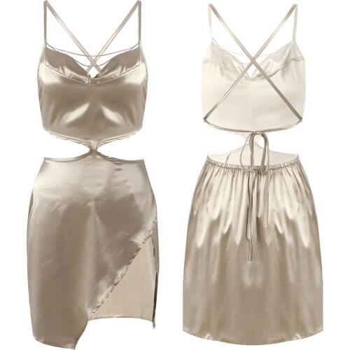 Satin Dress Women Summer Pole Dance Sexy Halter Metal Chain Front Sleeveless Solid Cutout Backless Lace-Up Dress Party Clubwear