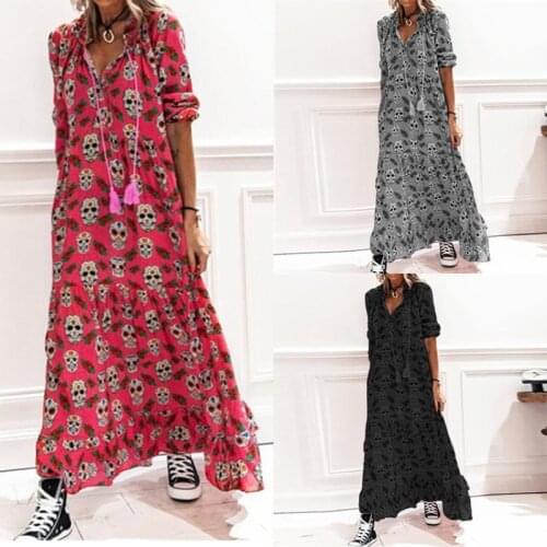 Vestido Skull Print Boho Maxi Dress Casual Loose Oversized Sexy Lady Bohemian Autumn Half Sleeve Beach Robes Ladies Long Dresses