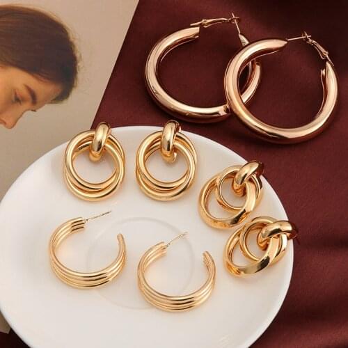 Gold Vintage Metal Round Hoop Drop Earrings for Women Korean Fashion Geometric Circle Hanging Earrings 2021 Trend Female Jewelry