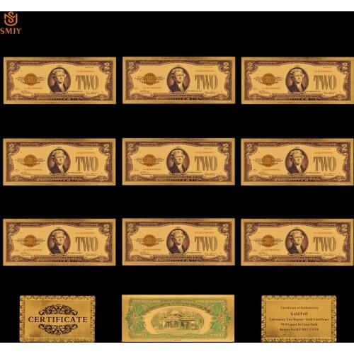 10PCS / Lot 1928 Color USA Gold Banknotes 2 Dollar Money Replica Gold Plated Business Gift Collections