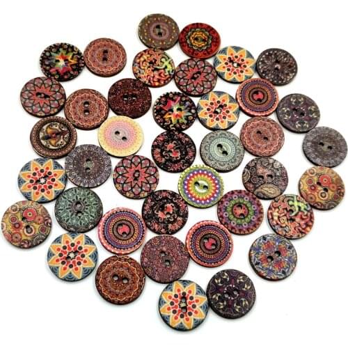 15/20/25mm Natural Retro Multi-Pattern Printing Wooden Round Buttons For Clothing Scrapbook Diy Home Sewing Accessories