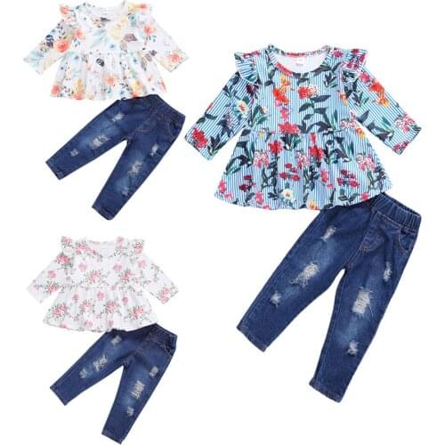 2021 Toddler Kids Baby Girl Spring Autumn Clothes Ruffle Floral Tops Long Sleeve T shirt Denim Pants 2Pcs Outfit Set