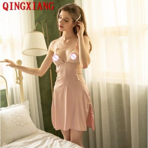 2021 Women Deep V Neck Lace Bra Sleepwear Faux Silk Hollow Out Black Sexy Pajamas Lingerie Backless Night Evening Gown