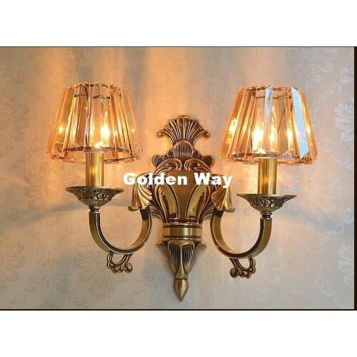 Free Shipping Antique Brass Wall Lamp E14 LED Brass Wall Sconce for Hotel With Crystal Shades Modern Crystal Wall lamps Lustre