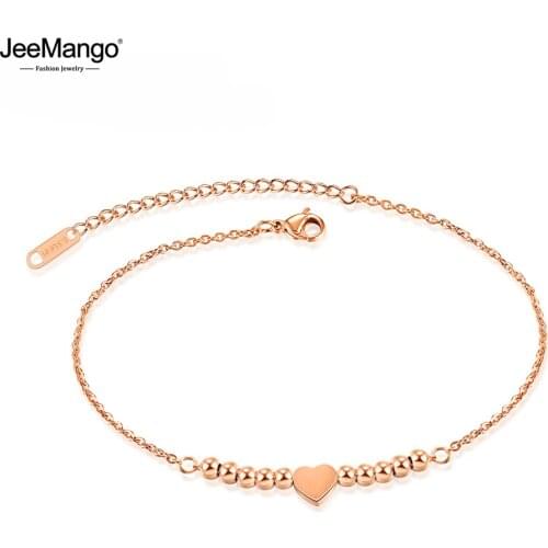 JeeMango Lovely Beads Love Heart Women Anklet Titanium Steel Rose Gold Color Chain Anklets Foot Jewelry Christmas Gifts JA19038