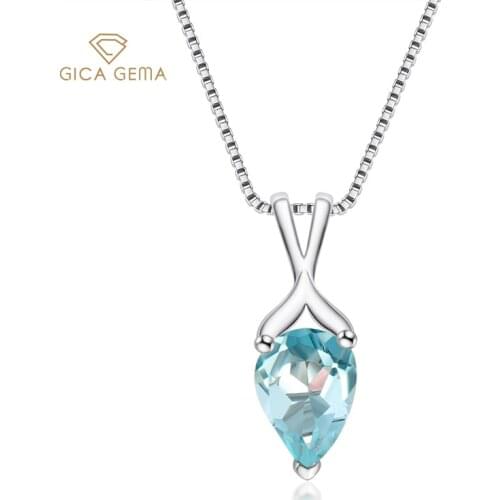 GICA GEMA Natural 100% 925 Sterling Silver 1.5 CT Blue Topaz Gemstone Wedding Engagement Pendant Necklace Fine Jewelry