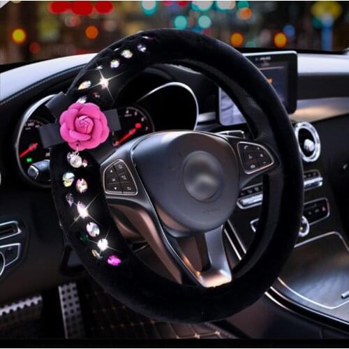 Flower Plush Steering Wheel Cover Colorful Diamond Crystal Auto Fur Steering Wheel Covers Interior Car Accessories Women Girls