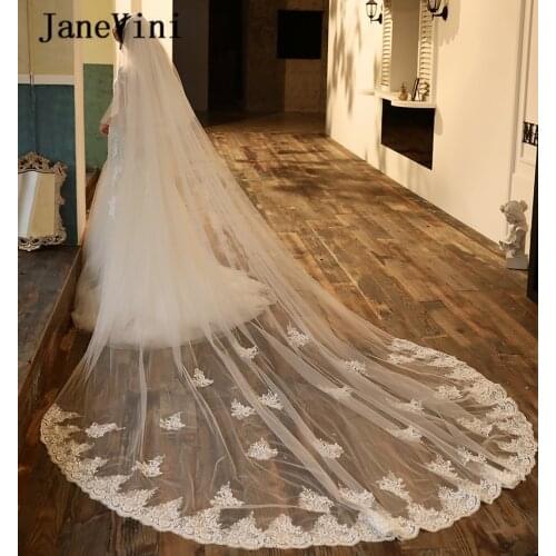 JaneVini Elegant White 3M Long Wedding Veil with Comb Two Layers Lace Appliques Edge Cathedral Tulle Bridal Veil Voile De Mariee