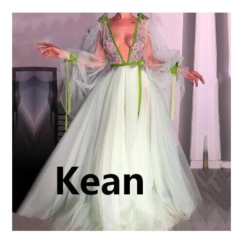 Deep V Illusion Evening Dresses Lace Flowers Bow Special Occasion Dress Islamic Dubai Kaftan Saudi Arabic Prom Dress