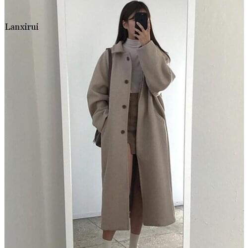 Korean version Women Woolen Jacket Fashion Winter New Medium Long Solid Color Female Elegant Loose coat