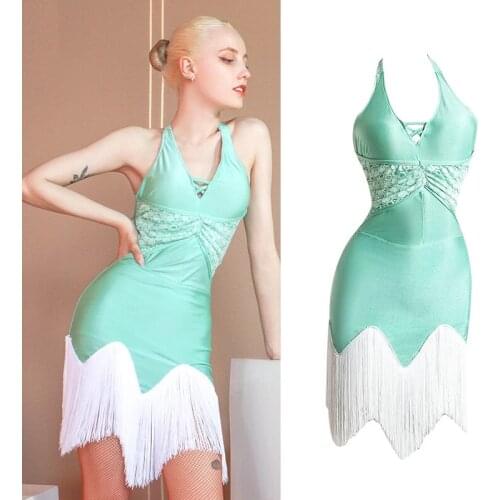 Mint Green Halter/Sling Latin Dance Dress Sexy Backlees Samba Rumba Dancing Performance Stage Wear Competition Costume VDB3746