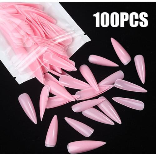 100PC Full Cover Fake Nails Mixed Color Black Red Pink Long Stiletto Press on Nail Art Tips 10 Size Acrylic False Nail Manicure