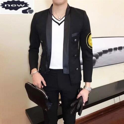 Spring New Korean Slim Fit Embroidery Badge Mens Blazer Gothic Shawl Collar Double Breasted Night Show Wear Male Outwear Coats