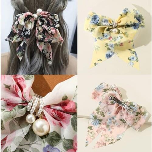 New Sweet Chiffon Ruched Bowknot Pearls Hair Clip Spring Clip Trendy Ribbon Hairpin Temperament Bow Ladies Hair Accessories