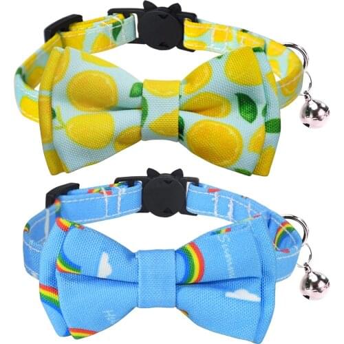 Breakaway Cat Collar with Bell 2 Pack Safety Buckle Cat Collars with Bowtie Adjustable from 8"-12" Cute Fruit Patterns Lemon