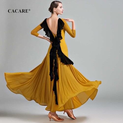 2020 CHEAP Ballroom Dance Competition Dresses Waltz Dress Standard Dance Dresses Elegant D0377 Big Ruffled Hem Mesh Sleeve