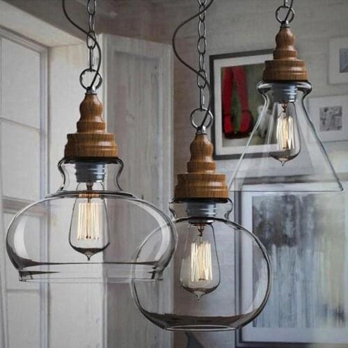 Nordic Wood Cap Clear Glass Shade Pendant light lamp Vintage industrial retro loft Lighting fixture droplight for bar restuarant