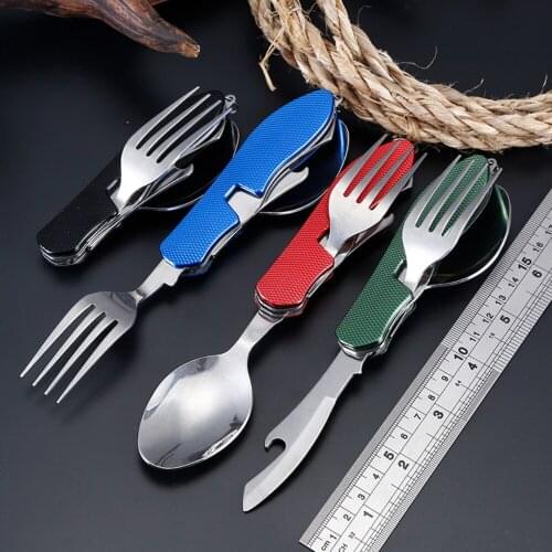 Camping Tableware Outdoor Cooking Supplies 4 In 1 Spoon Folding Pocket For Picnics Hiking Survival Multifunction Picnic Tools