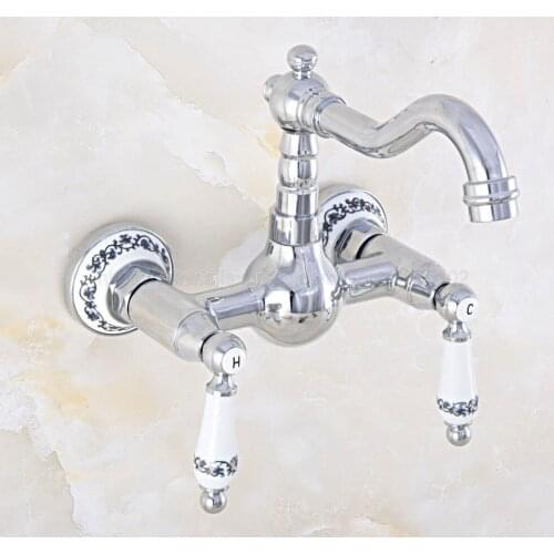 Polished Chrome Dual Handles Bathroom Kitchen Sink Faucets Wall Mounted Swivel Spout Two Holes Kitchen Mixer Taps znf568