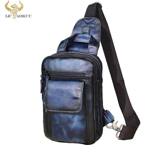Men Genuine Real Leather Fashion Casual Blue Chest Sling Bag 8" Tablet Tea Design Travel Daypack One Shoulder Bag Male B574