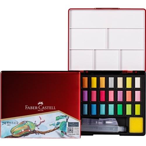FABER CASTELL 24 Colors Professional Solid Watercolor Paints With Brush Pen Metallic Solid Pigment