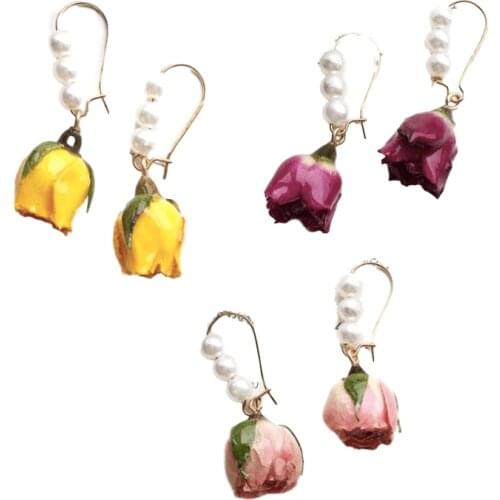 Dried Flower Hoop Earrings With Resin Covered French U-shaped Ear Hook Earring Natural Rose Peal Earrings 2020 Trend 1Pair