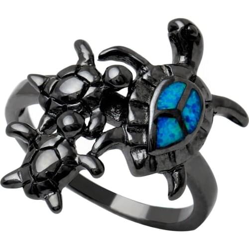 UFOORO unique three turtles ring blue fire opal fashion jewelry forwomen black gold filled party bague drop shipping