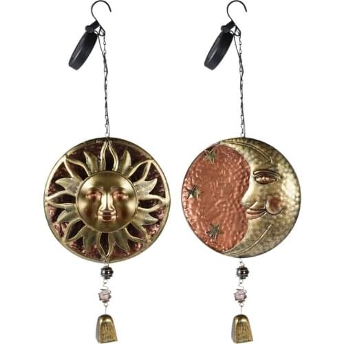 Wrought Iron Sun Moon Wind Chime With LED Light Solar Powered Metal Art Decoration Sun Moon Statue Garden Hanging Ornament
