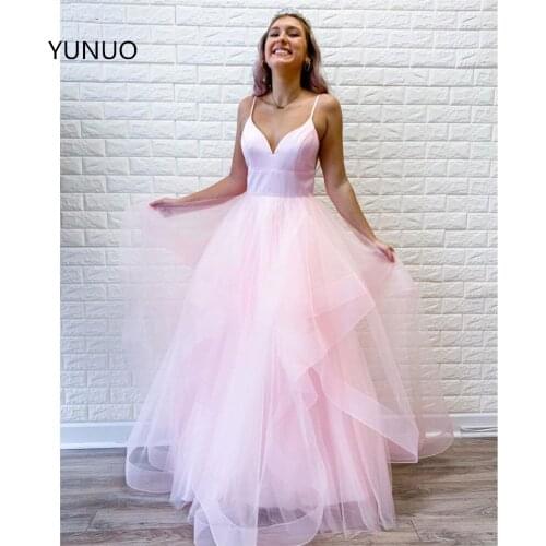 YUNUO A Line Pink Tulle Prom Dresses vestidos Simple Formal Evening Gowns Floor Length Empire robe de soiree Party Dresses