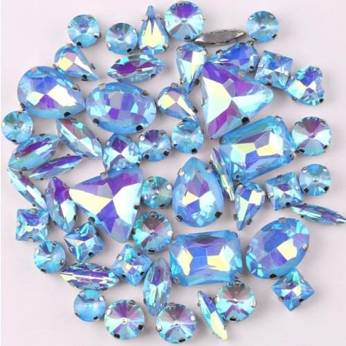 Silver claw setting jelly candy Lt sapphire AB 50pcs/bag shapes mix glass crystal sew on rhinestone wedding dress shoes bag diy
