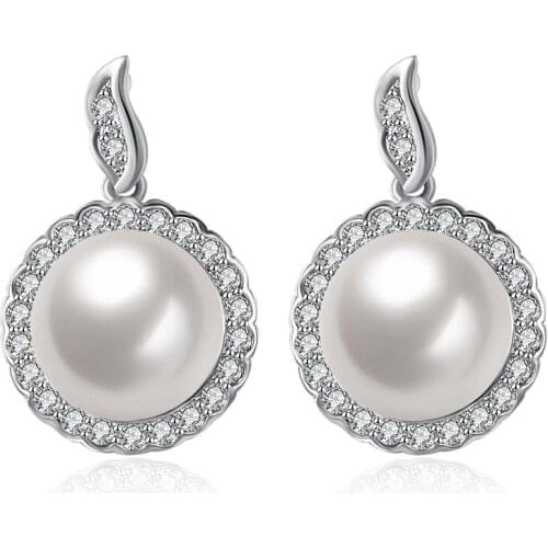 ZEMIOR White 5A Clear Cubic Zirconia Stud Earrings For Women Round Imitation Pearl Earring Anniversary Female Fashion Jewelry
