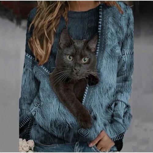 Kawaii Black Cat Zipper Print Women Blouse Shirts Casual Crew Neck Long Sleeve Lady Tee Plus Size Loose Aesthetic Pullover Tops
