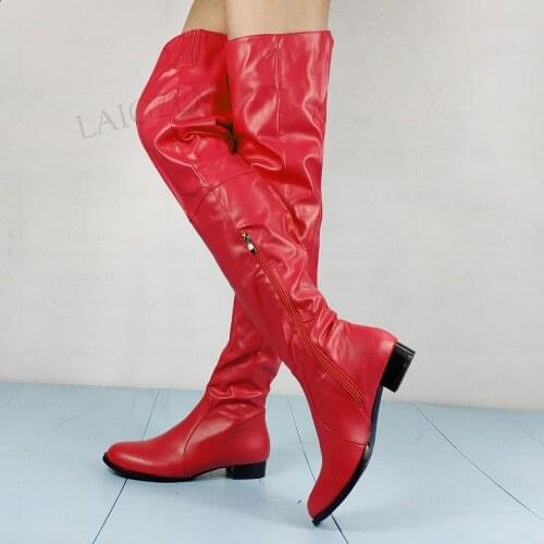 LAIGZEM Women Over Knee High Boots Faux Leather Low Heeled Boots Side Zip Round Toe Ladies Unisex Shoes Woman Big Size 41 45 52