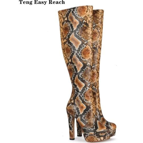 Women brown Snakeskin Leather High heel Long Boots Fashion Over the Knee Thigh High Boots Lady Knight Boots 35-43