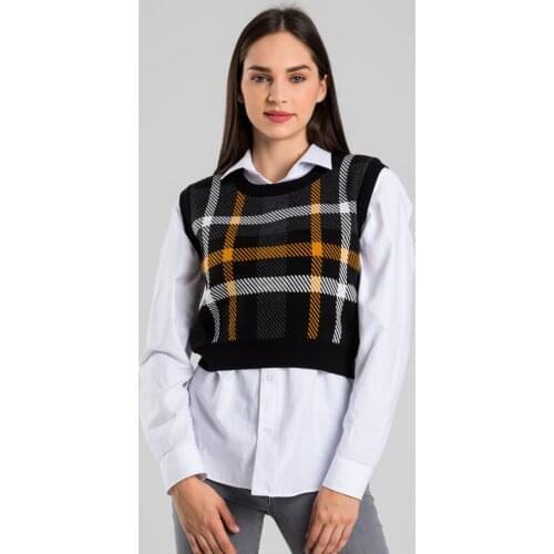 MUQKO Women Black Plaid Pattern Crew Neck Knitwear Sweater Women’s Dress Toppies New Fashion Autumn Winter 2020 Casual